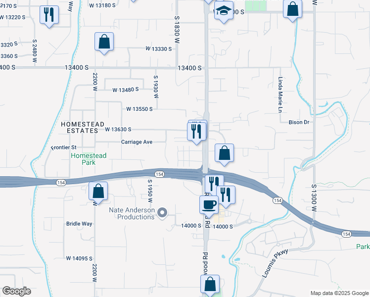map of restaurants, bars, coffee shops, grocery stores, and more near 1792 West Dalmeny Way in Riverton