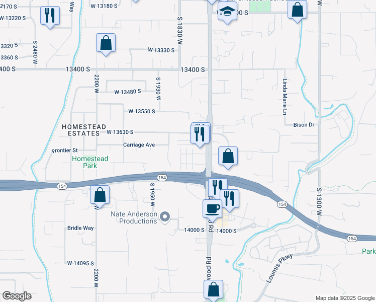 map of restaurants, bars, coffee shops, grocery stores, and more near 1792 West Dalmeny Way in Riverton