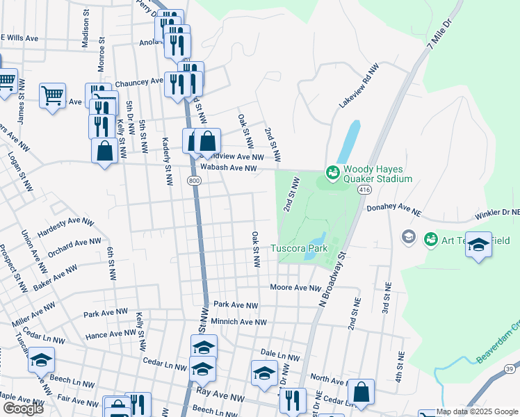 map of restaurants, bars, coffee shops, grocery stores, and more near 939 Oak St NW in New Philadelphia