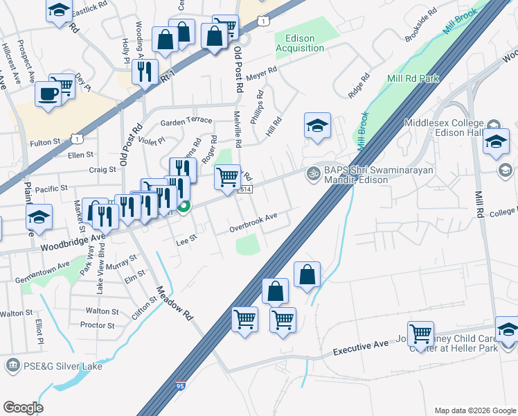 map of restaurants, bars, coffee shops, grocery stores, and more near 27 Trenton Avenue in Edison