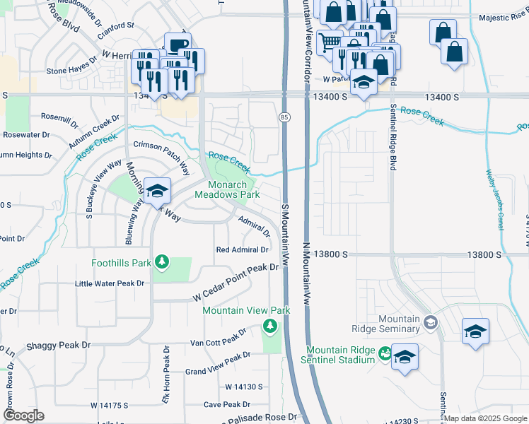 map of restaurants, bars, coffee shops, grocery stores, and more near 4843 Anise Street in Riverton