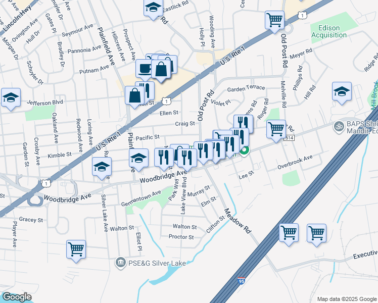 map of restaurants, bars, coffee shops, grocery stores, and more near 10 Conover Court in Edison