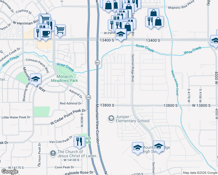 map of restaurants, bars, coffee shops, grocery stores, and more near 4701 West 13400 South in Riverton