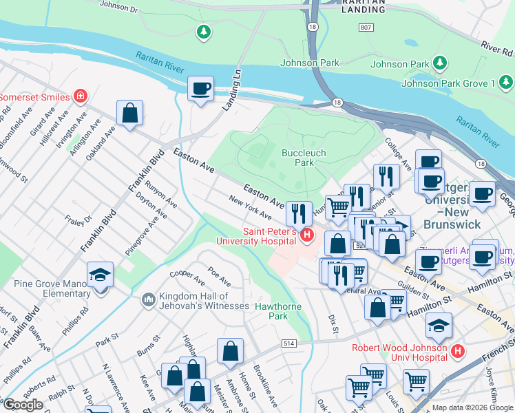 map of restaurants, bars, coffee shops, grocery stores, and more near 280 Easton Avenue in New Brunswick
