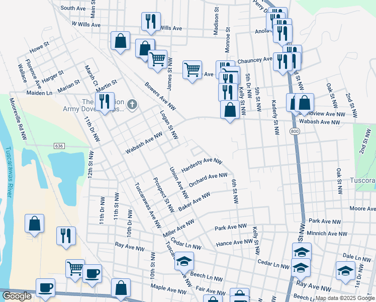 map of restaurants, bars, coffee shops, grocery stores, and more near 913 Logan Street Northwest in New Philadelphia