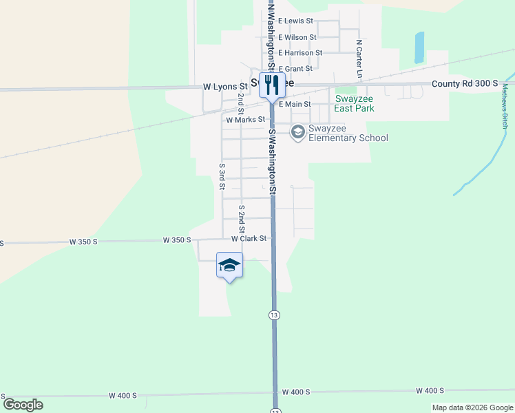 map of restaurants, bars, coffee shops, grocery stores, and more near 114 West Cole Street in Swayzee