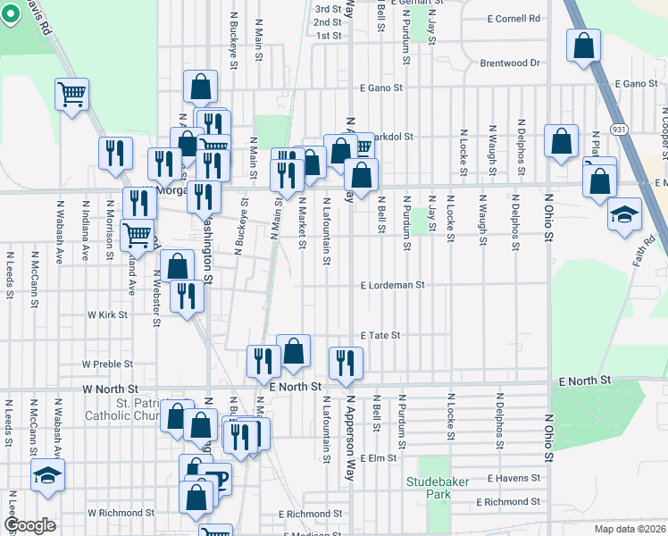 map of restaurants, bars, coffee shops, grocery stores, and more near 1805 North Apperson Way in Kokomo