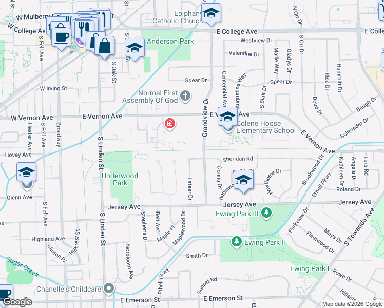map of restaurants, bars, coffee shops, grocery stores, and more near 615 Grandview Drive in Normal