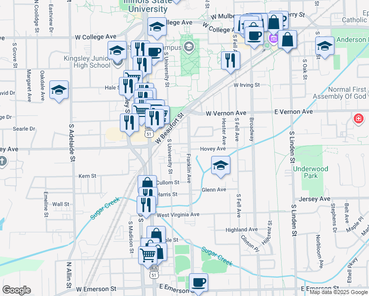 map of restaurants, bars, coffee shops, grocery stores, and more near 903 Franklin Avenue in Normal