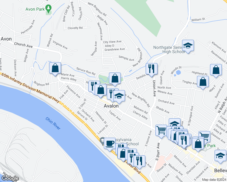 map of restaurants, bars, coffee shops, grocery stores, and more near 644 Center Avenue in Bellevue