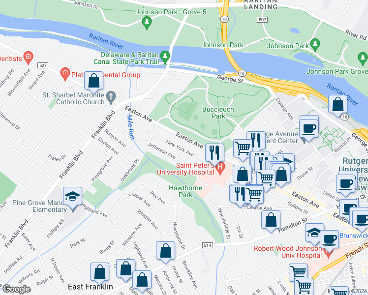 map of restaurants, bars, coffee shops, grocery stores, and more near 195 New York Avenue in New Brunswick