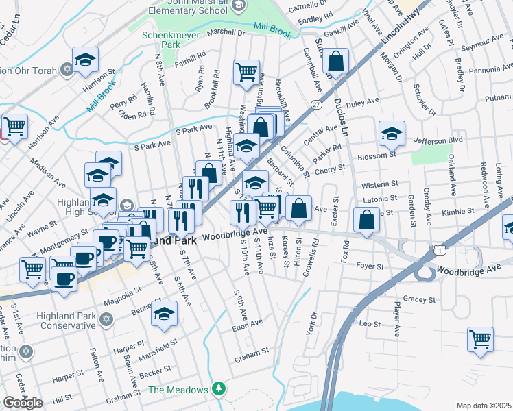 map of restaurants, bars, coffee shops, grocery stores, and more near 121 South 11th Avenue in Highland Park