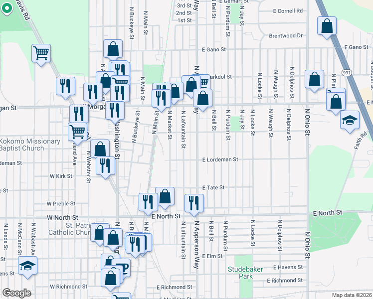 map of restaurants, bars, coffee shops, grocery stores, and more near 1809 North Lafountain Street in Kokomo