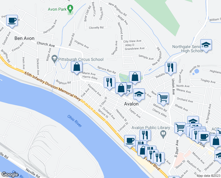 map of restaurants, bars, coffee shops, grocery stores, and more near 511 California Avenue in Pittsburgh