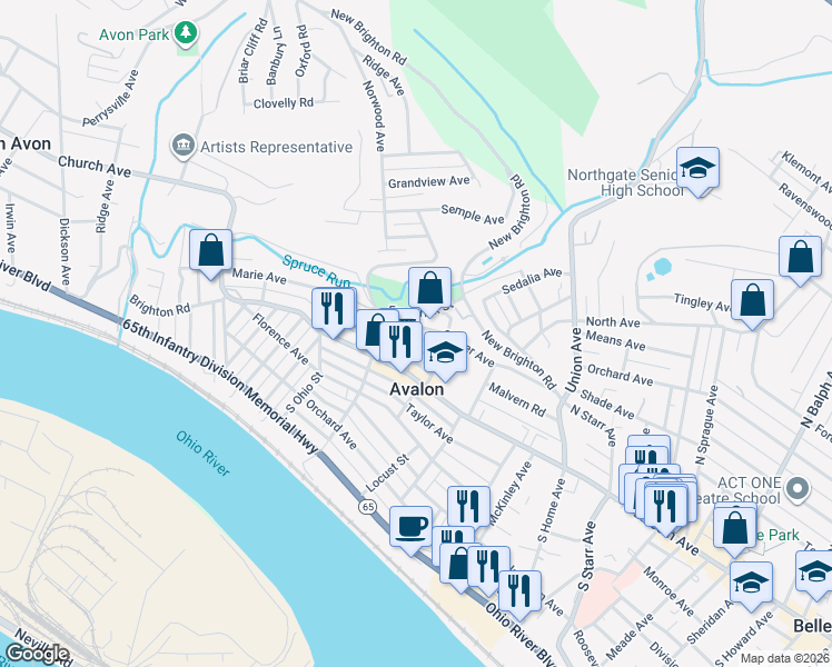map of restaurants, bars, coffee shops, grocery stores, and more near 647 Center Avenue in Bellevue