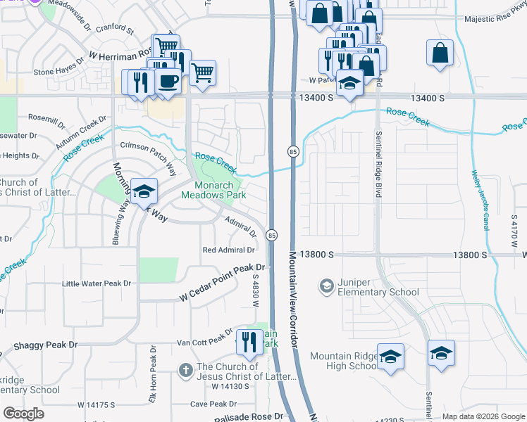 map of restaurants, bars, coffee shops, grocery stores, and more near 13694 South 4805 West in Riverton