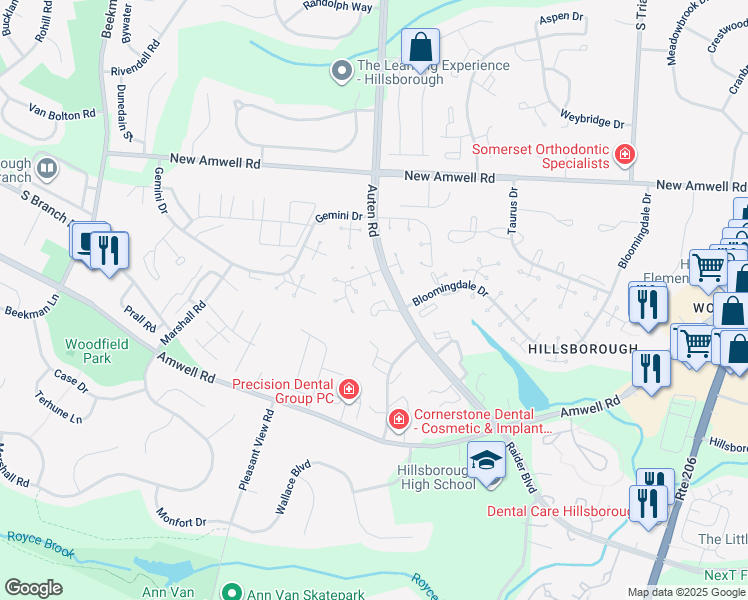 map of restaurants, bars, coffee shops, grocery stores, and more near 117-1A Bluebird Drive in Somerset County