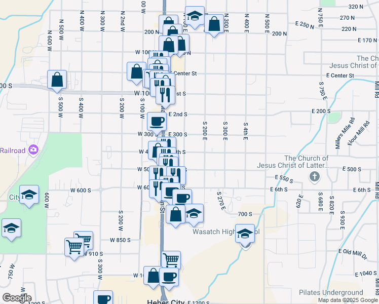 map of restaurants, bars, coffee shops, grocery stores, and more near 125 East 400 South in Heber City