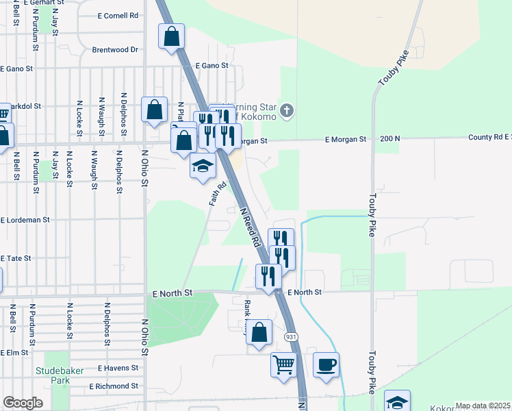 map of restaurants, bars, coffee shops, grocery stores, and more near 1709 Northview Boulevard in Kokomo