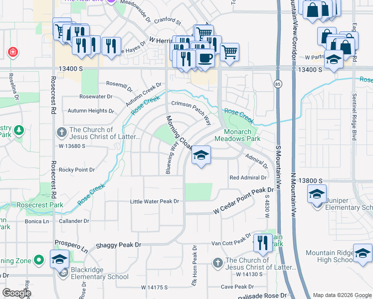 map of restaurants, bars, coffee shops, grocery stores, and more near 13683 Daggerwing Way in Riverton