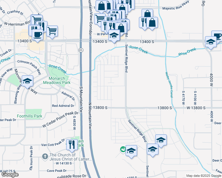 map of restaurants, bars, coffee shops, grocery stores, and more near 13735 Devers Dr in Riverton