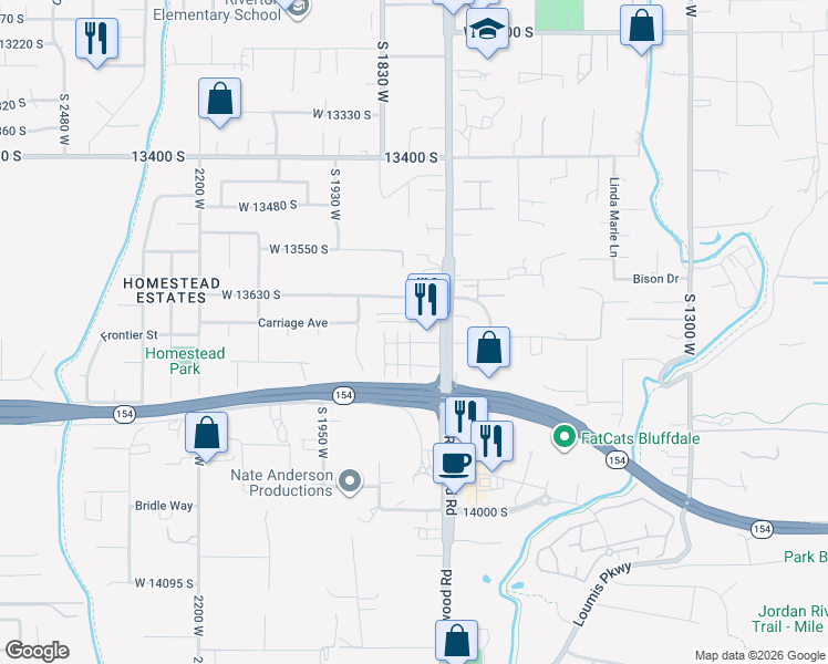 map of restaurants, bars, coffee shops, grocery stores, and more near 13666 South Redwood Road in Riverton
