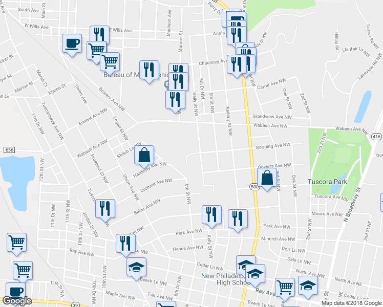 map of restaurants, bars, coffee shops, grocery stores, and more near 1001 Jaycee Street Northwest in New Philadelphia