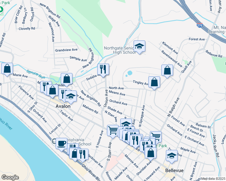 map of restaurants, bars, coffee shops, grocery stores, and more near 700 Means Avenue in Bellevue