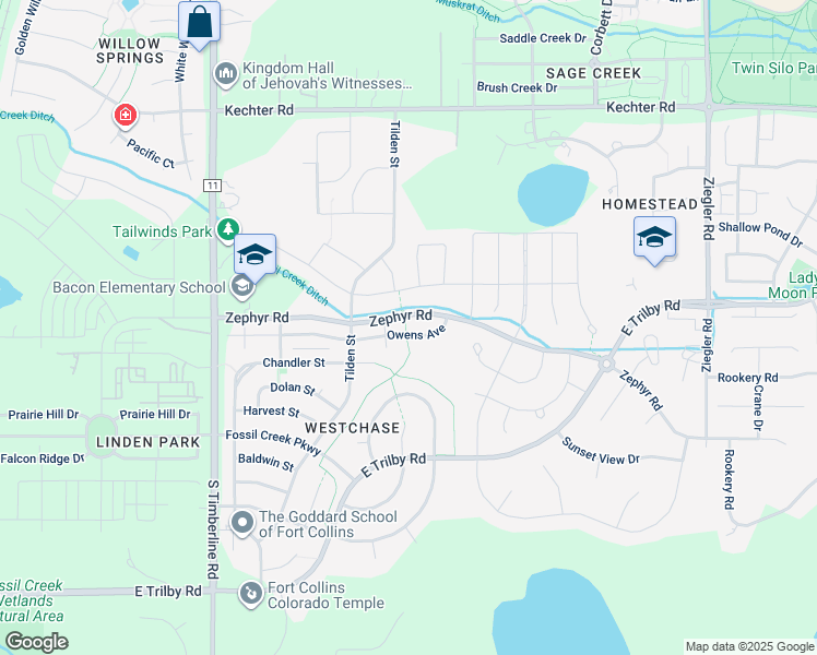 map of restaurants, bars, coffee shops, grocery stores, and more near 2502 Owens Avenue in Fort Collins