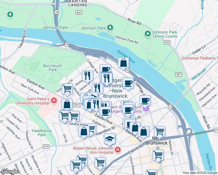 map of restaurants, bars, coffee shops, grocery stores, and more near 126 College Avenue in New Brunswick