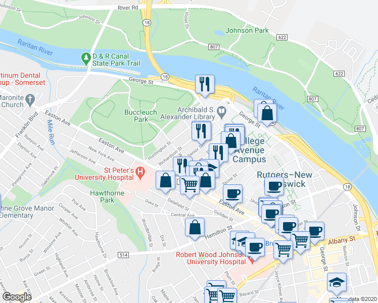 map of restaurants, bars, coffee shops, grocery stores, and more near 54 Richardson Street in New Brunswick