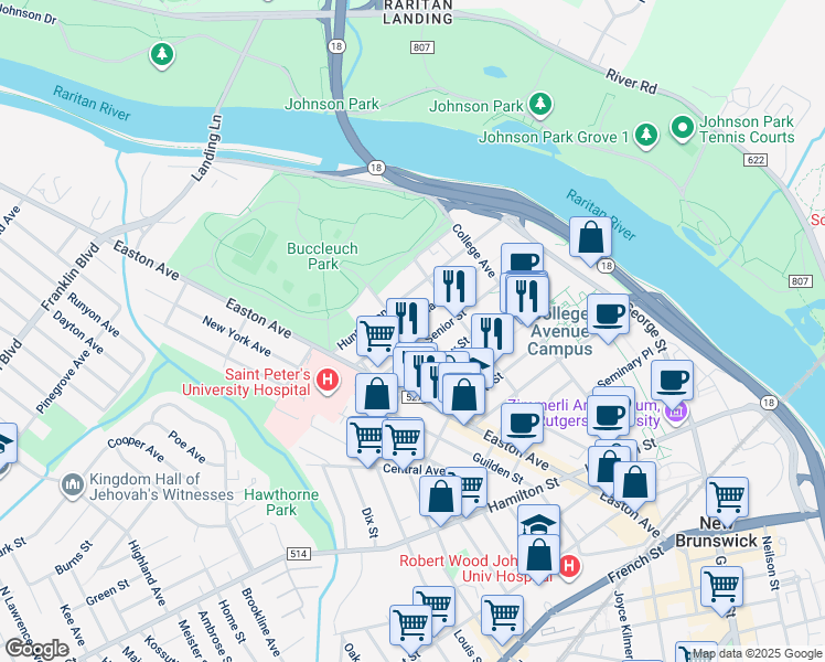 map of restaurants, bars, coffee shops, grocery stores, and more near 54 Richardson Street in New Brunswick