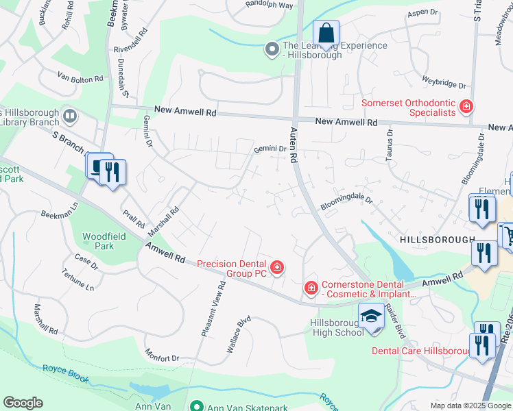 map of restaurants, bars, coffee shops, grocery stores, and more near 118 Bluebird Drive in Somerset County
