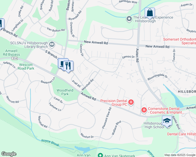 map of restaurants, bars, coffee shops, grocery stores, and more near 668 Marshall Road in Somerset County