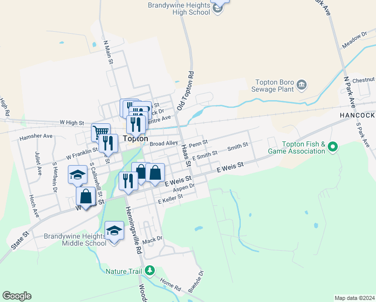 map of restaurants, bars, coffee shops, grocery stores, and more near 14 South Haas Street in Topton