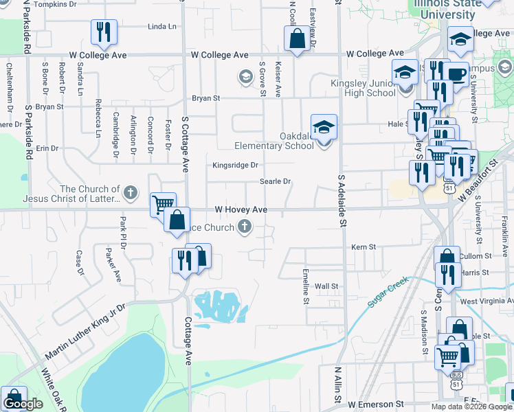 map of restaurants, bars, coffee shops, grocery stores, and more near 804 Richland Avenue in Normal