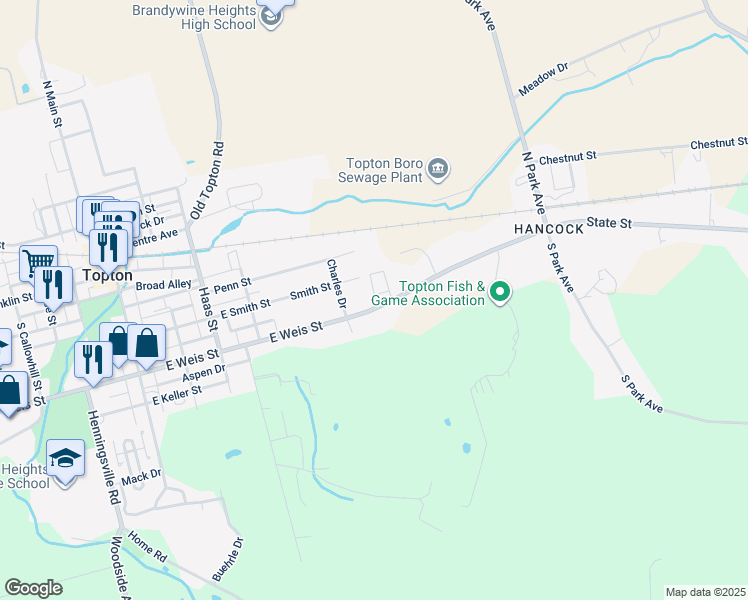 map of restaurants, bars, coffee shops, grocery stores, and more near 16 Woodland Lane in Mertztown