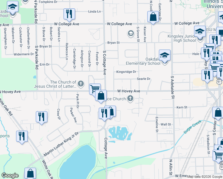 map of restaurants, bars, coffee shops, grocery stores, and more near 809 Highpoint Road in Normal
