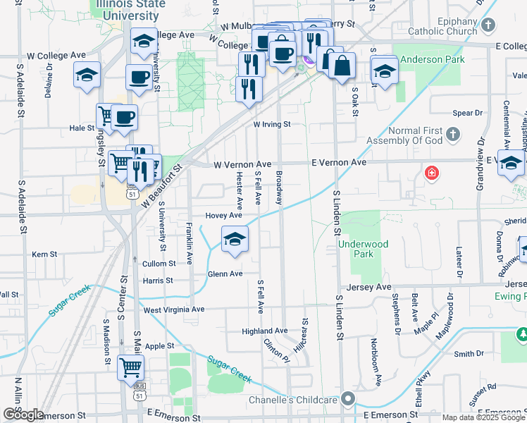 map of restaurants, bars, coffee shops, grocery stores, and more near 816 South Fell Avenue in Normal