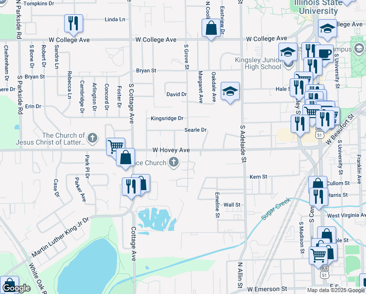 map of restaurants, bars, coffee shops, grocery stores, and more near 804 Richland Avenue in Normal