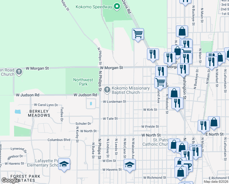 map of restaurants, bars, coffee shops, grocery stores, and more near 1813 North Leeds Street in Kokomo