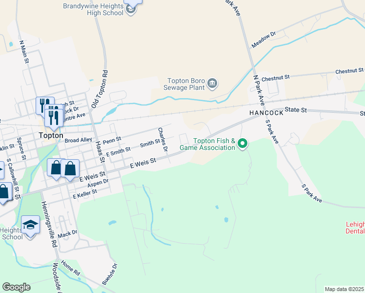 map of restaurants, bars, coffee shops, grocery stores, and more near 16 Woodland Lane in Mertztown
