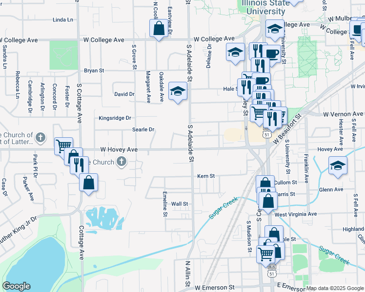 map of restaurants, bars, coffee shops, grocery stores, and more near 1104 West Hovey Avenue in Normal