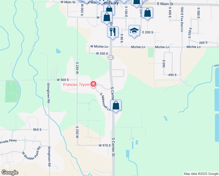 map of restaurants, bars, coffee shops, grocery stores, and more near 590 South Center Street in Midway