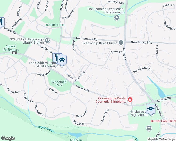 map of restaurants, bars, coffee shops, grocery stores, and more near 672 Marshall Road in Hillsborough Township