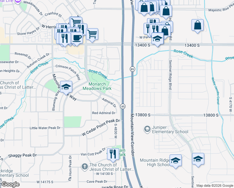 map of restaurants, bars, coffee shops, grocery stores, and more near 4816 Anise Street in Riverton