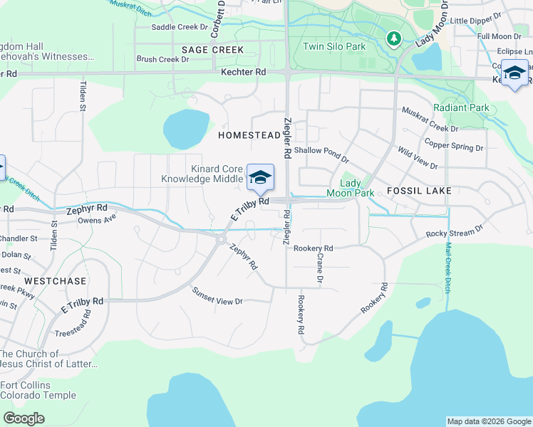 map of restaurants, bars, coffee shops, grocery stores, and more near 3003 East Trilby Road in Fort Collins
