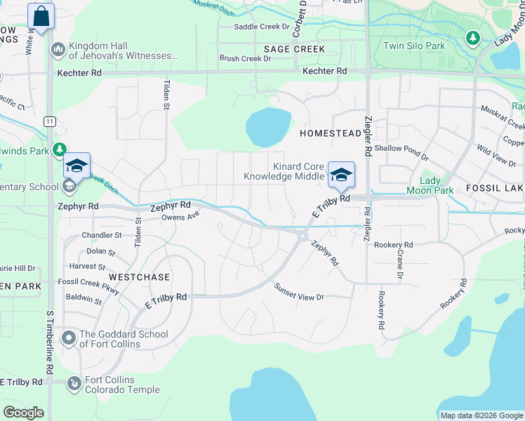 map of restaurants, bars, coffee shops, grocery stores, and more near 6026 Fall Harvest Way in Fort Collins