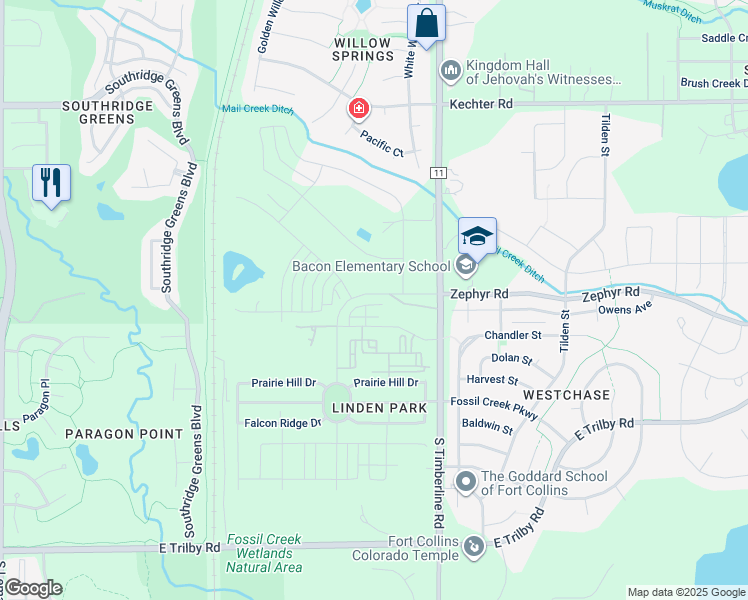 map of restaurants, bars, coffee shops, grocery stores, and more near 6015 South Timberline Road in Fort Collins