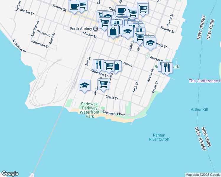 map of restaurants, bars, coffee shops, grocery stores, and more near 121 State Street in Perth Amboy